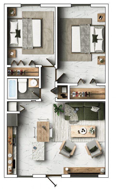 A top-down view of a room layout with furniture and decor.